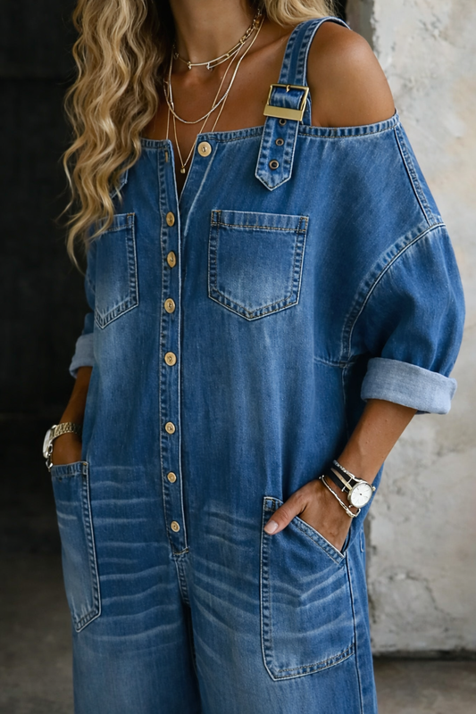 Soléna™ | Denim Jumpsuit met Open Schouders