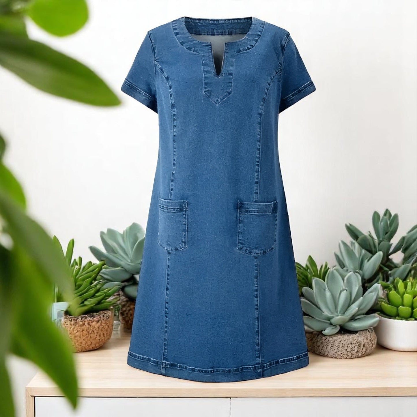 Maëlia™ | Zachte Denim Jurk met Voorzakken