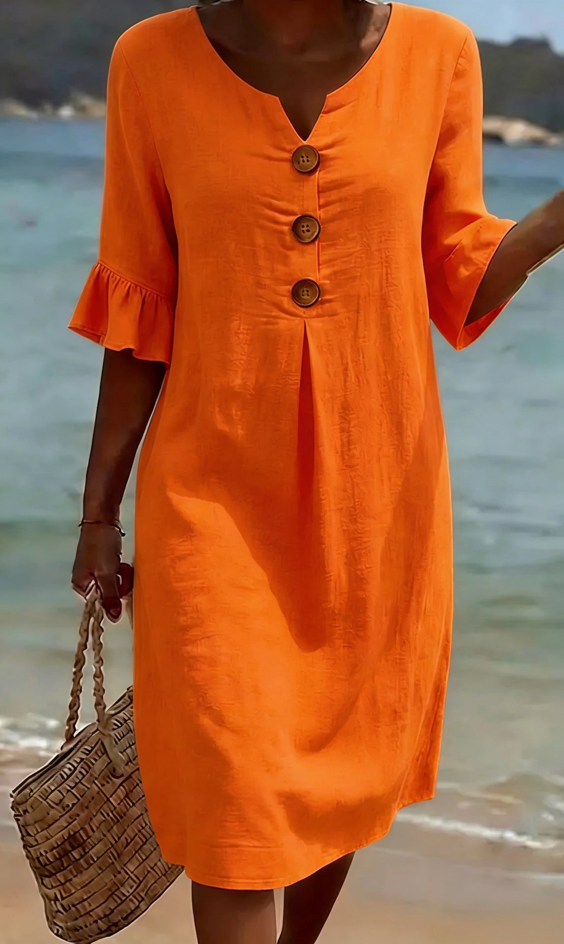Sorella™ | Elegante Linnen & Katoen Jurk met Knopen