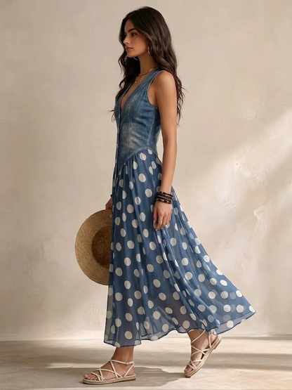 Adelina™ | Lange Denim Jurk met Stippen