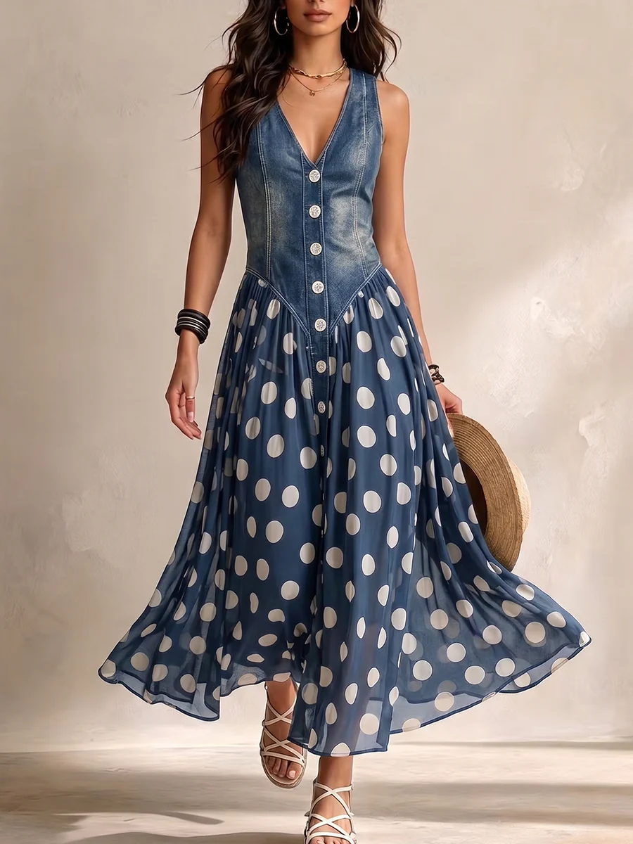 Adelina™ | Lange Denim Jurk met Stippen