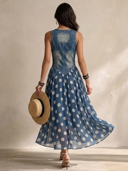 Adelina™ | Lange Denim Jurk met Stippen