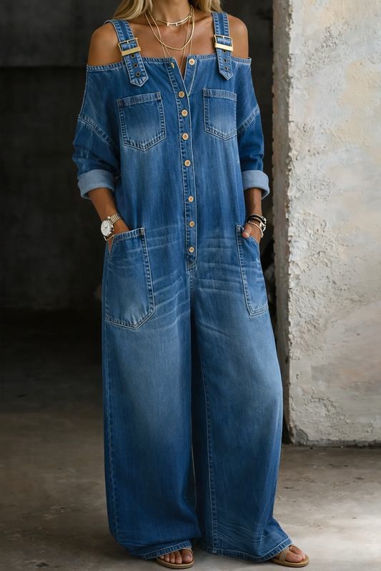 Soléna™ | Denim Jumpsuit met Open Schouders