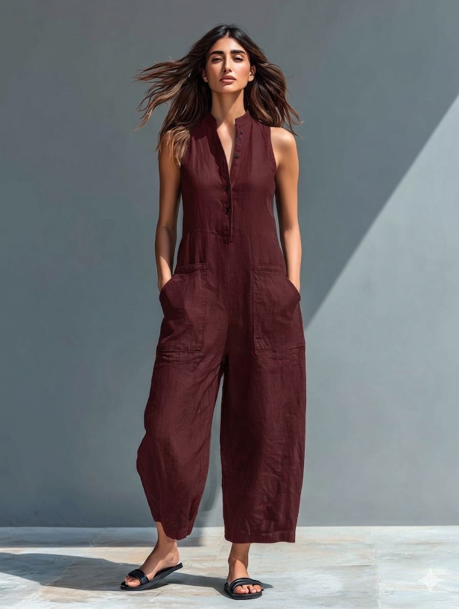 Novera™ | Minimalistische Linnen Jumpsuit met Knopen