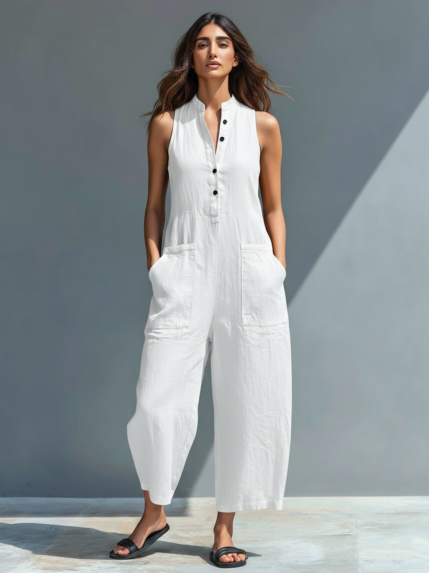 Novera™ | Minimalistische Linnen Jumpsuit met Knopen