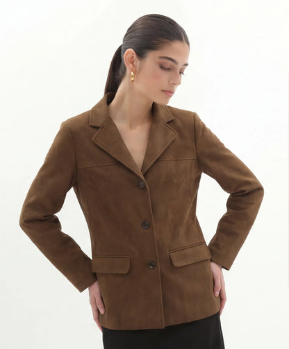 Suède Leren Blazer in Lichtbruin